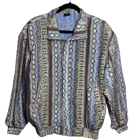 FUDA International Mens Vintage 100% Silk Snake Alligator Print Jacket Size Med - Picture 1 of 11